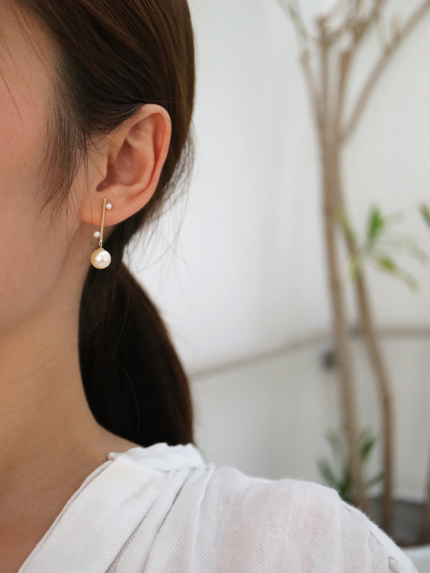 2.5+7.5mm ダブルカラー アコヤ パール バー ドロップ イヤリング 18K イエロー ゴールド