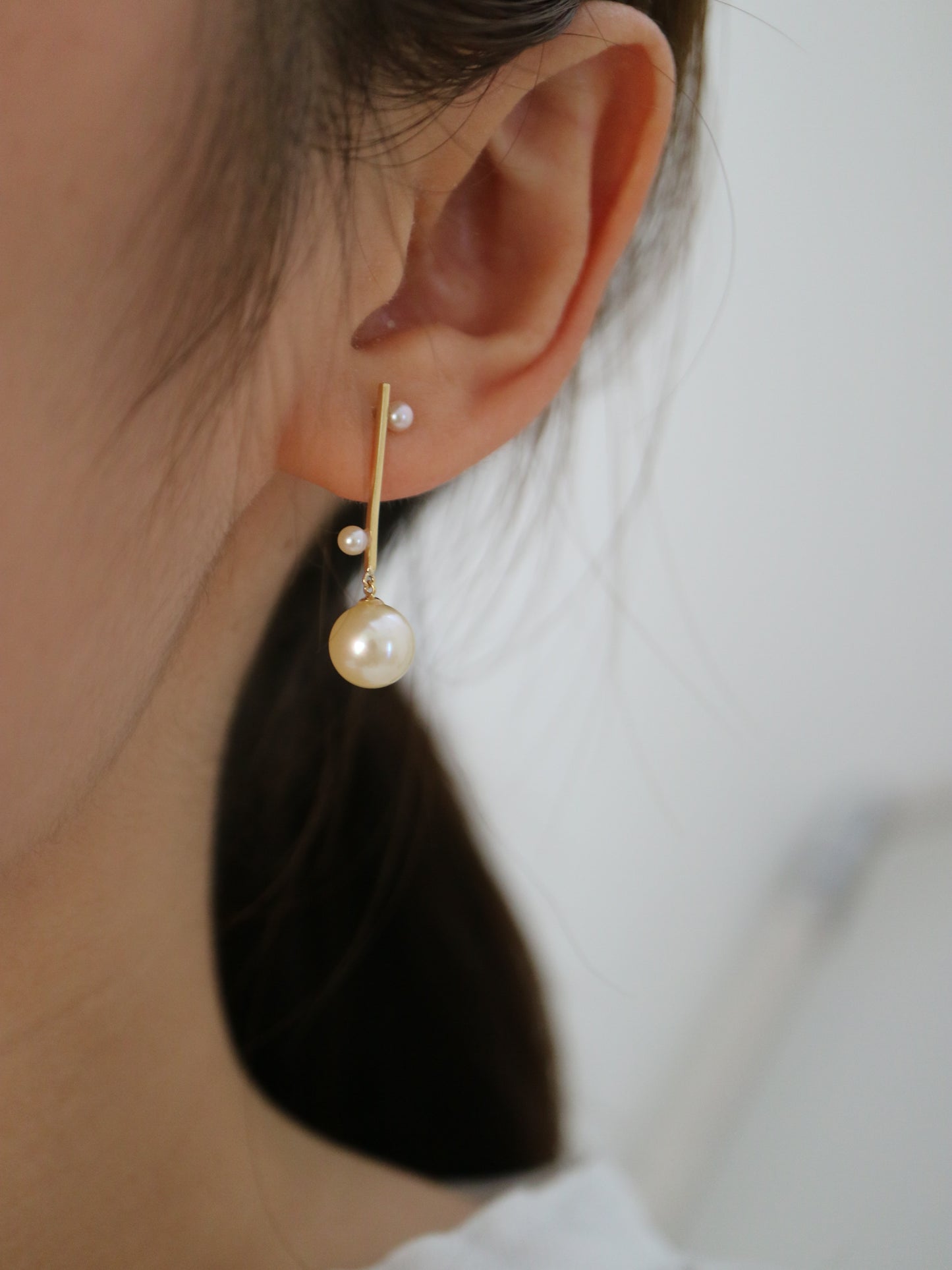 2.5+7.5mm ダブルカラー アコヤ パール バー ドロップ イヤリング 18K イエロー ゴールド