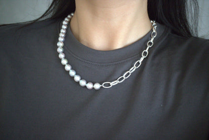 8.5mm Natural Silver Blue Baroque Akoya Pearl ＆ 925 Silver Paperclip Link Chain Necklace - KOKOPEARLJEWELRY - 2