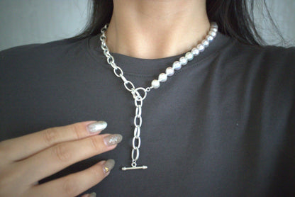 8.5mm Natural Silver Blue Baroque Akoya Pearl ＆ 925 Silver Paperclip Link Chain Necklace - KOKOPEARLJEWELRY - 1
