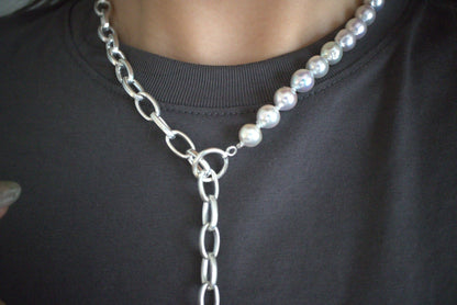 8.5mm Natural Silver Blue Baroque Akoya Pearl ＆ 925 Silver Paperclip Link Chain Necklace - KOKOPEARLJEWELRY - 4