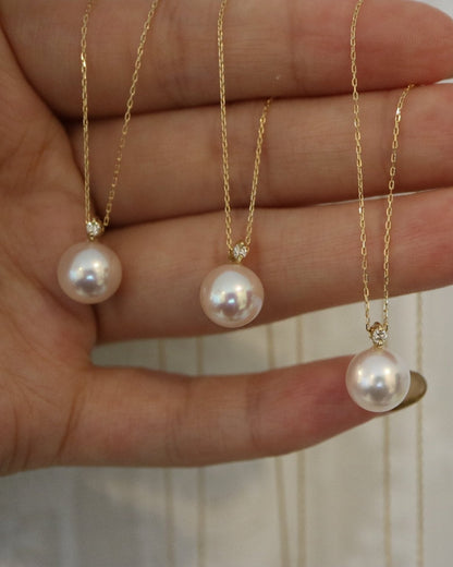 Mirror Like Lustre 8mm Akoya Pearl Diamond Pendant Necklace 18K Yellow Gold - KOKOPEARLJEWELRY - 2