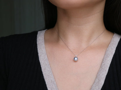 8mm Natural Silver Gray Akoya Pearl Diamond Pendant Necklace 18K White Gold - KOKOPEARLJEWELRY - 3