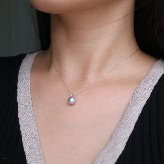 8.0mm Natural Silver Gray Akoya Pearl Diamond Pendant Necklace 18K White Gold