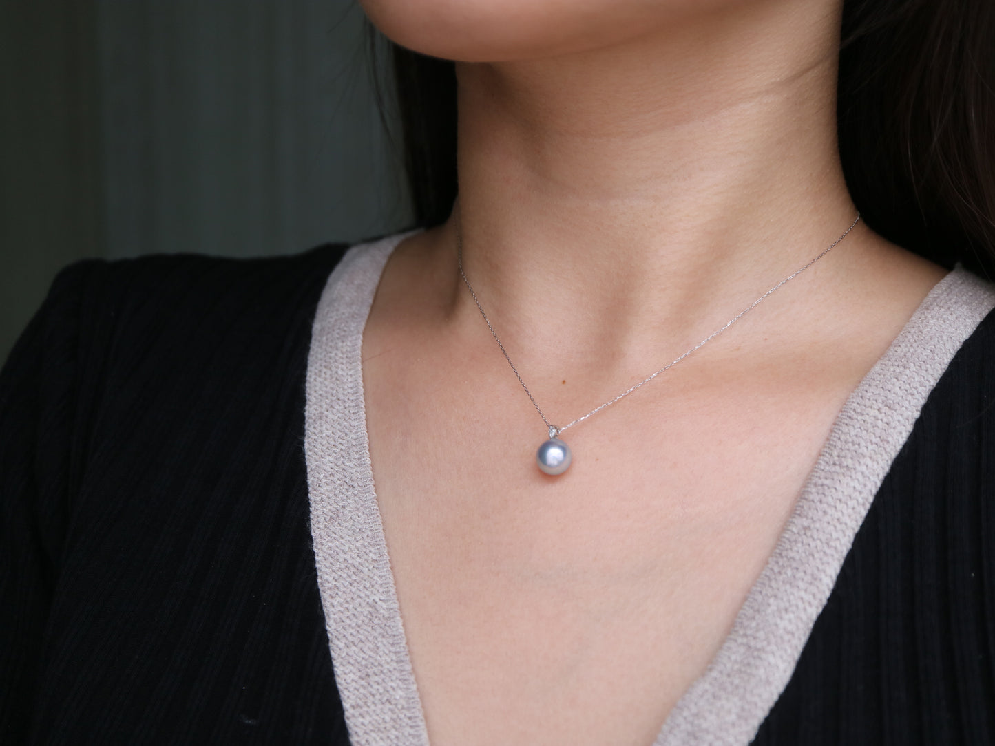8mm 天然シルバーグレー アコヤ真珠 ダイヤモンド ペンダントネックレス 18K ホワイトゴールド