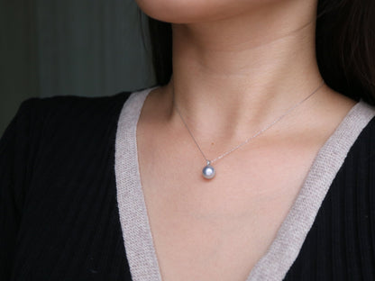 8mm Natural Silver Gray Akoya Pearl Diamond Pendant Necklace 18K White Gold - KOKOPEARLJEWELRY - 2