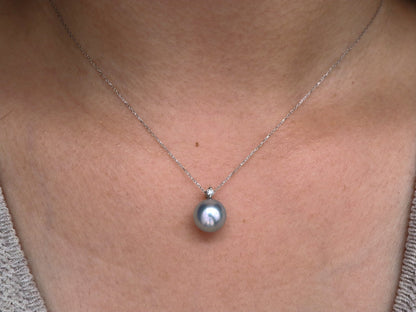 8mm Natural Silver Gray Akoya Pearl Diamond Pendant Necklace 18K White Gold - KOKOPEARLJEWELRY - 1