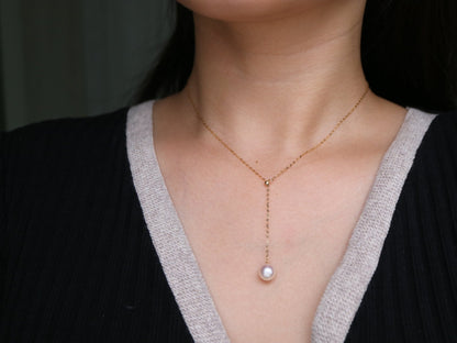 8mm Akoya Pearl Adjustable Y Shaped Pendant Necklace 18K Yellow Gold - KOKOPEARLJEWELRY - 1
