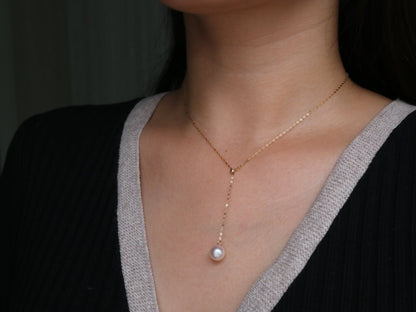 8mm Akoya Pearl Adjustable Y Shaped Pendant Necklace 18K Yellow Gold - KOKOPEARLJEWELRY - 2