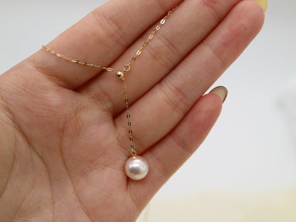8mm Akoya Pearl Adjustable Y Shaped Pendant Necklace 18K Yellow Gold - KOKOPEARLJEWELRY - 8