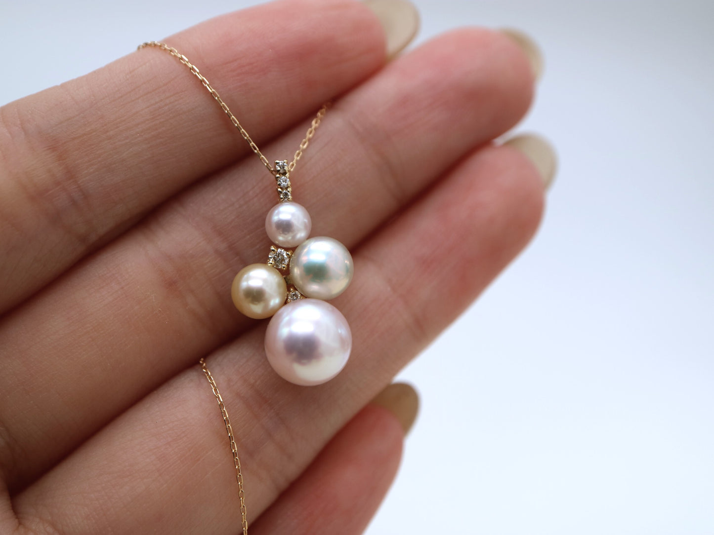 ミックスカラー / ピンクホワイト 4-7.5mm アコヤ真珠 ダイヤモンド ペンダントネックレス 18K イエローゴールド