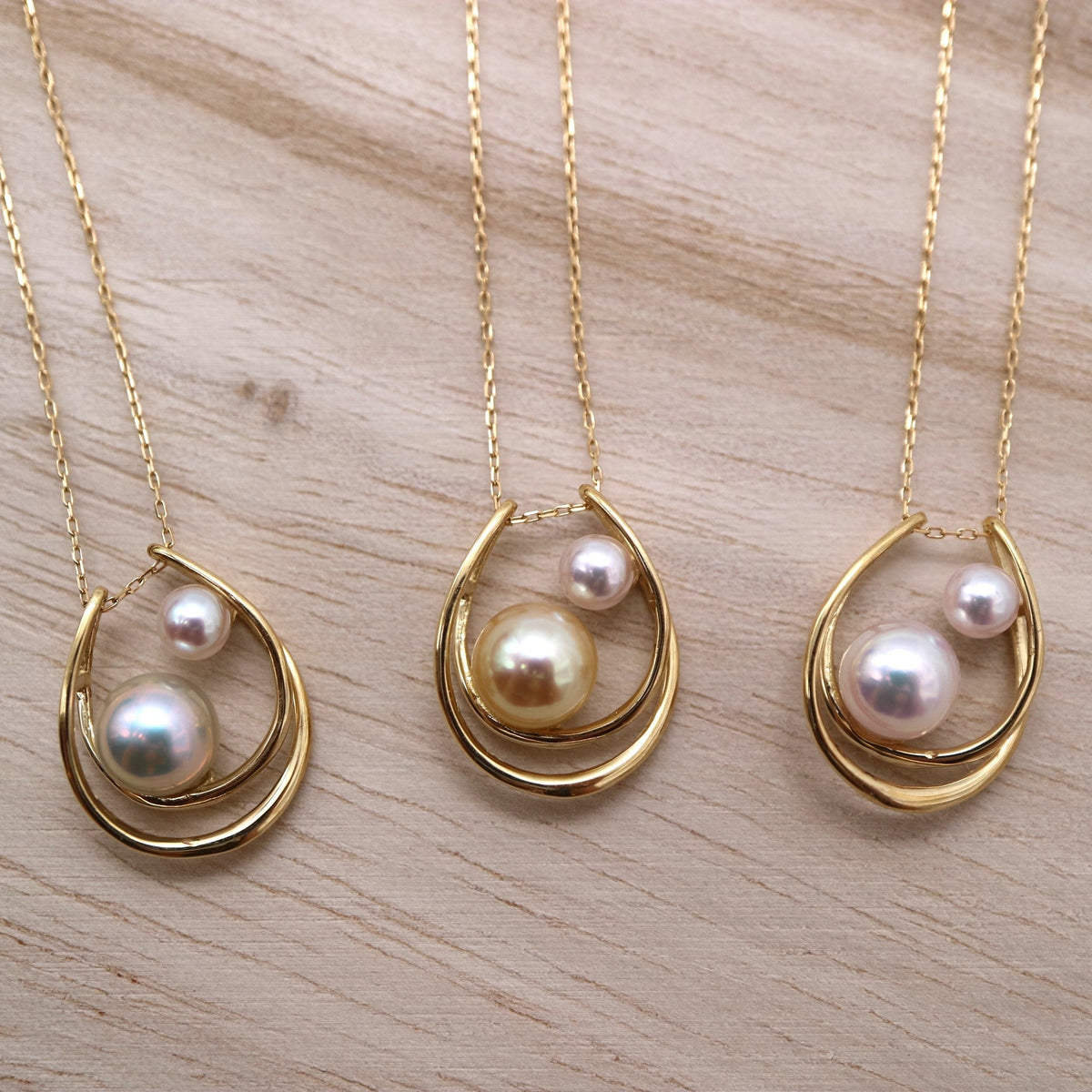 Two Akoya Pearls Crescent Moon Pendant Necklace 18K Yellow Gold