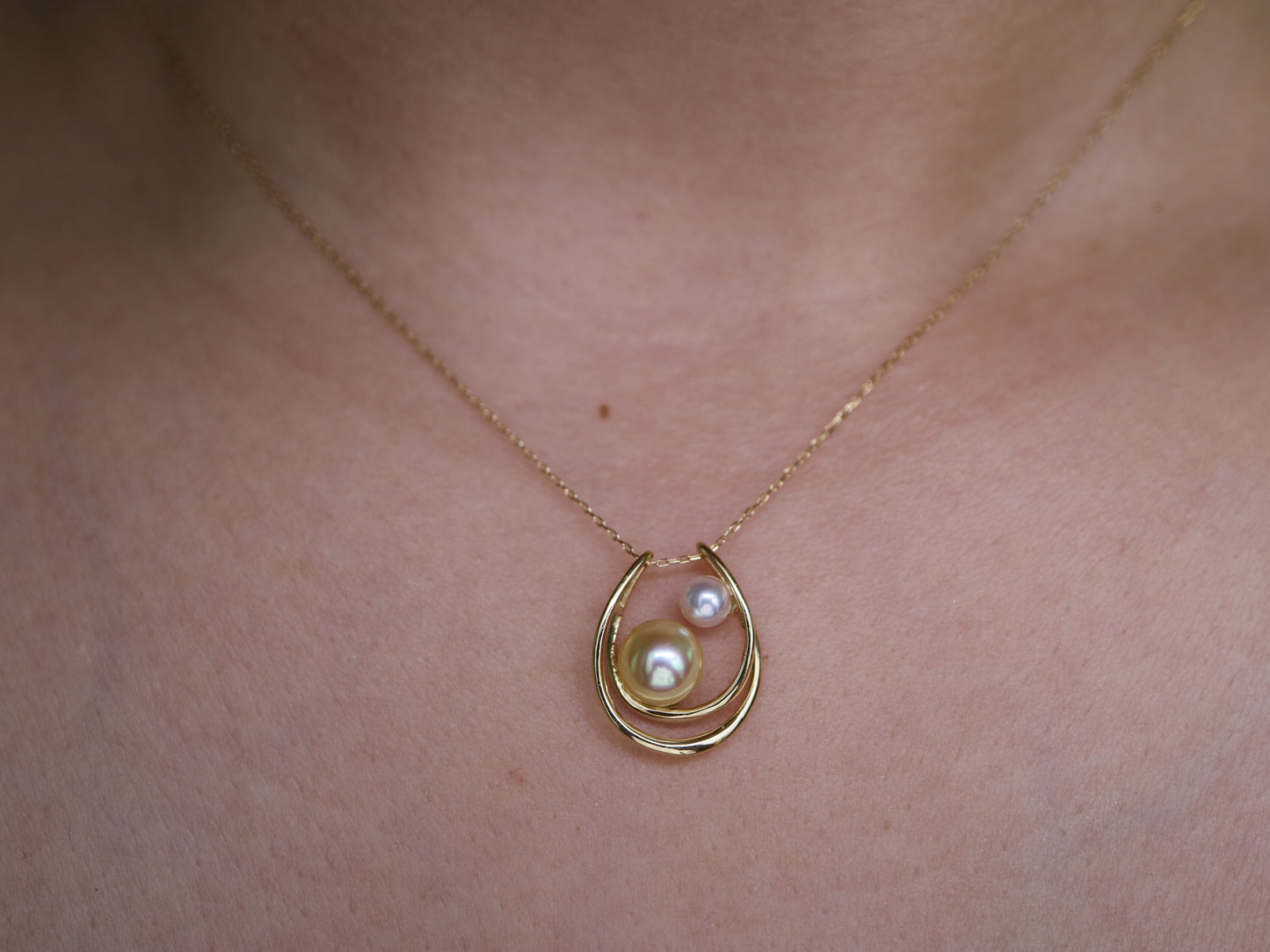 Two Akoya Pearls Crescent Moon Pendant Necklace 18K Yellow Gold