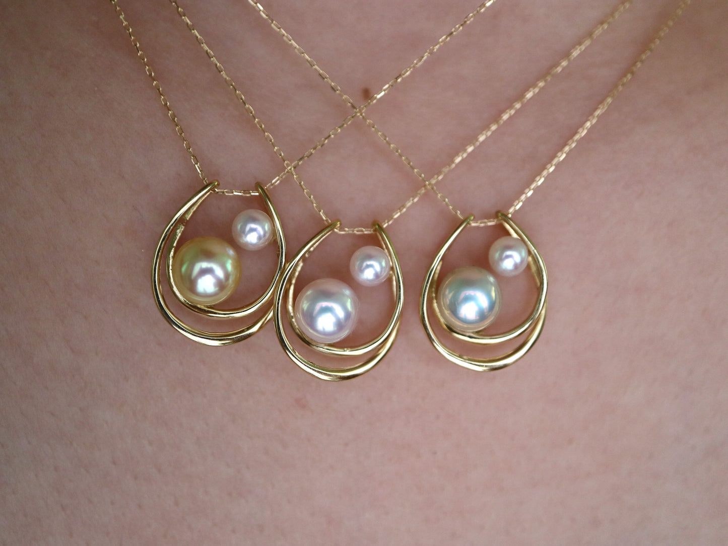 Two Akoya Pearls Crescent Moon Pendant Necklace 18K Yellow Gold