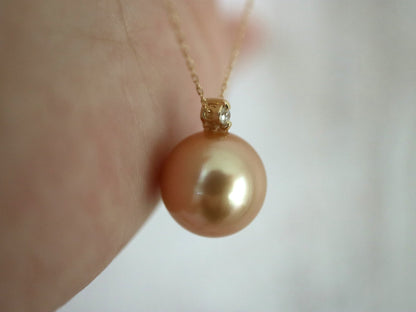 11mm Golden South Sea Pearl Diamond Pendant Necklace 18K Yellow Gold - KOKOPEARLJEWELRY - 7