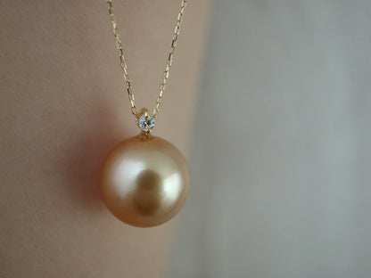 11mm Golden South Sea Pearl Diamond Pendant Necklace 18K Yellow Gold - KOKOPEARLJEWELRY - 8