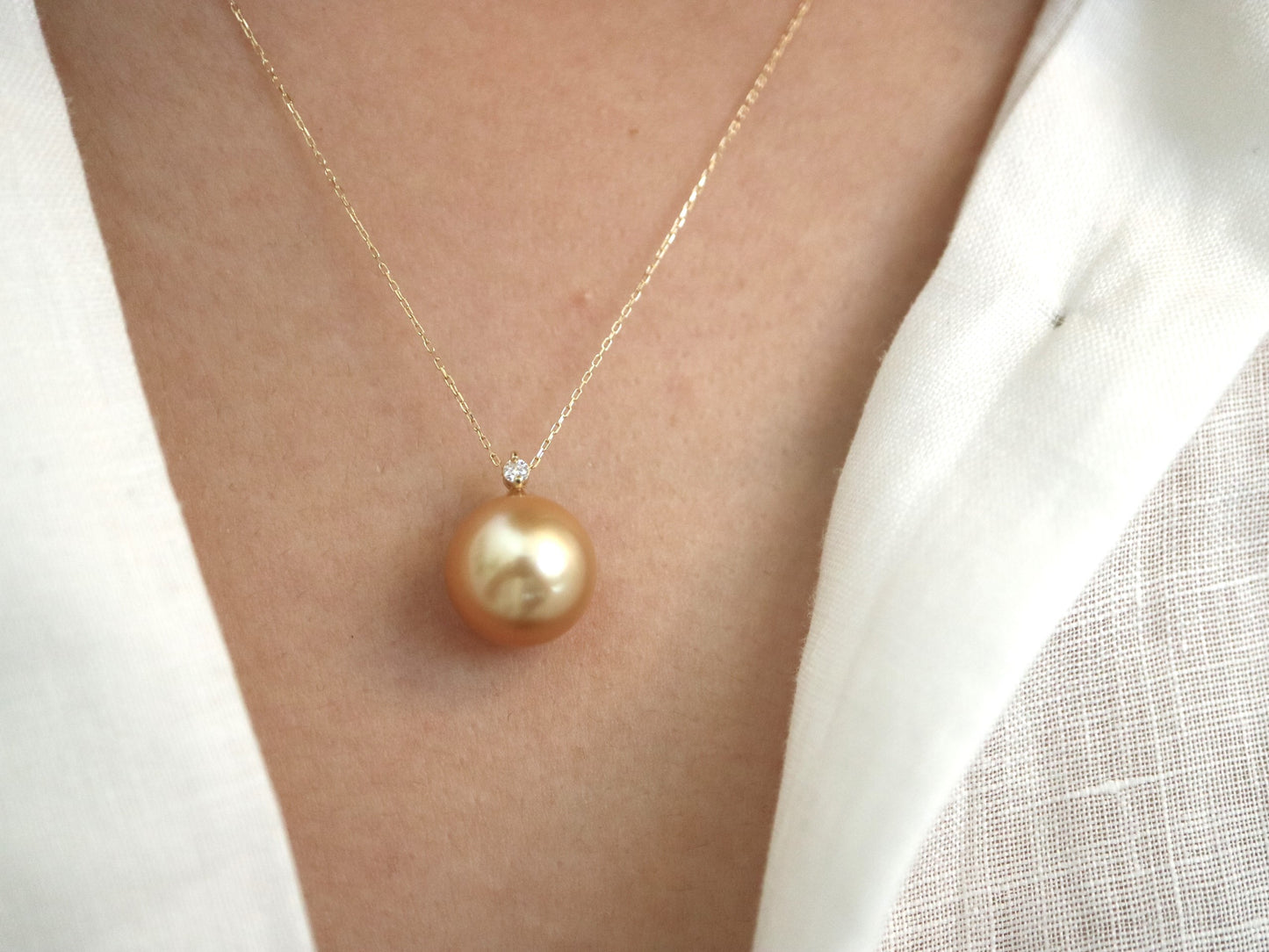 11mm ゴールデン サウス シー パール ダイヤモンド ペンダント ネックレス 18K イエロー ゴールド