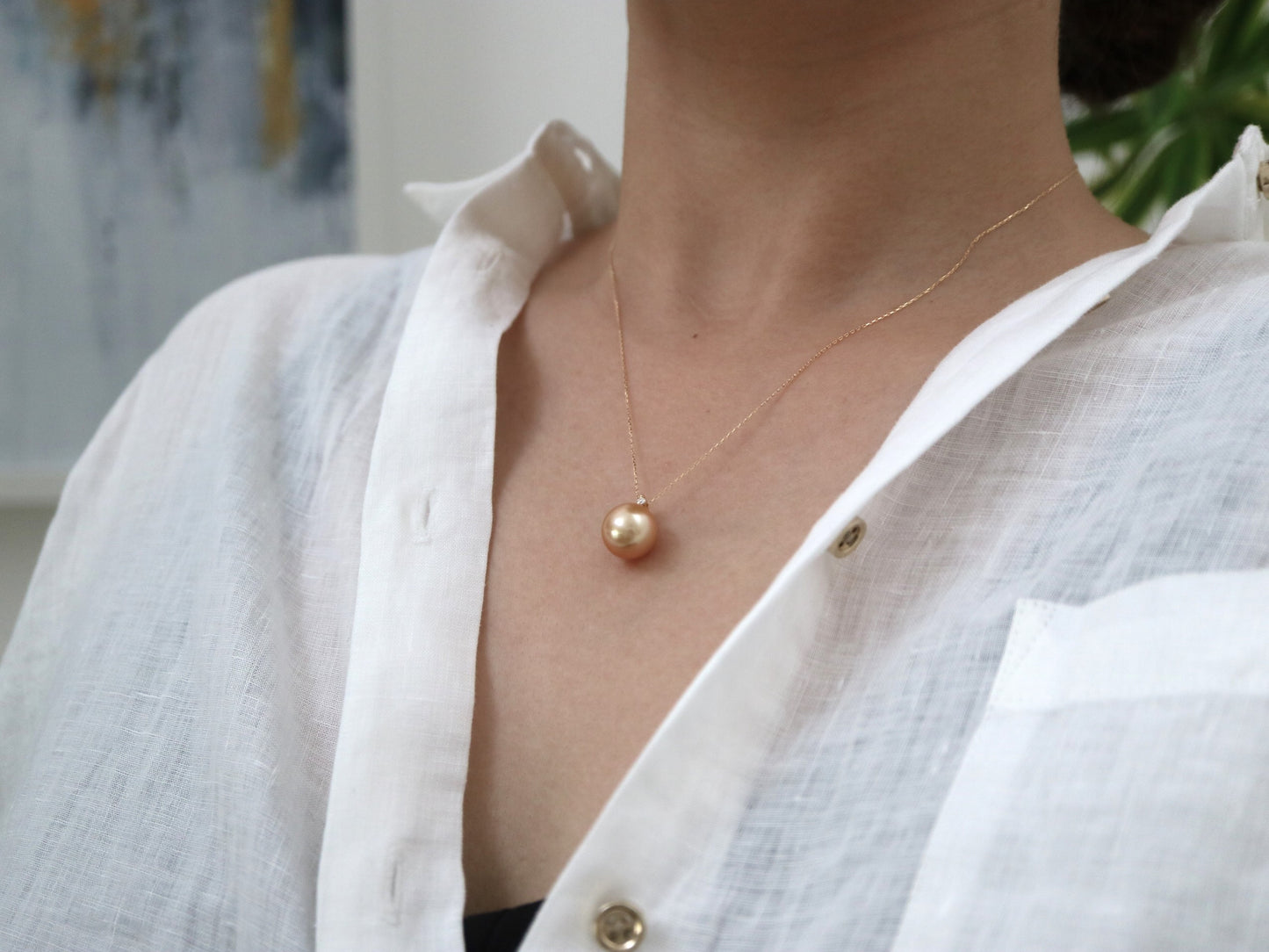 11mm ゴールデン サウス シー パール ダイヤモンド ペンダント ネックレス 18K イエロー ゴールド