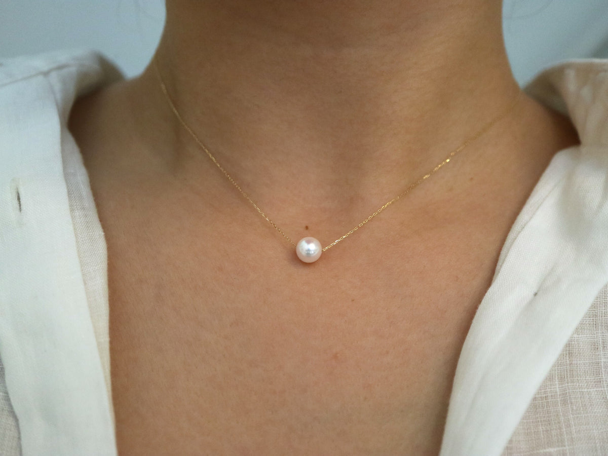 10K Gold Japanese Akoya Floating Pearl Pendant Necklace, 8.5–9.0mm