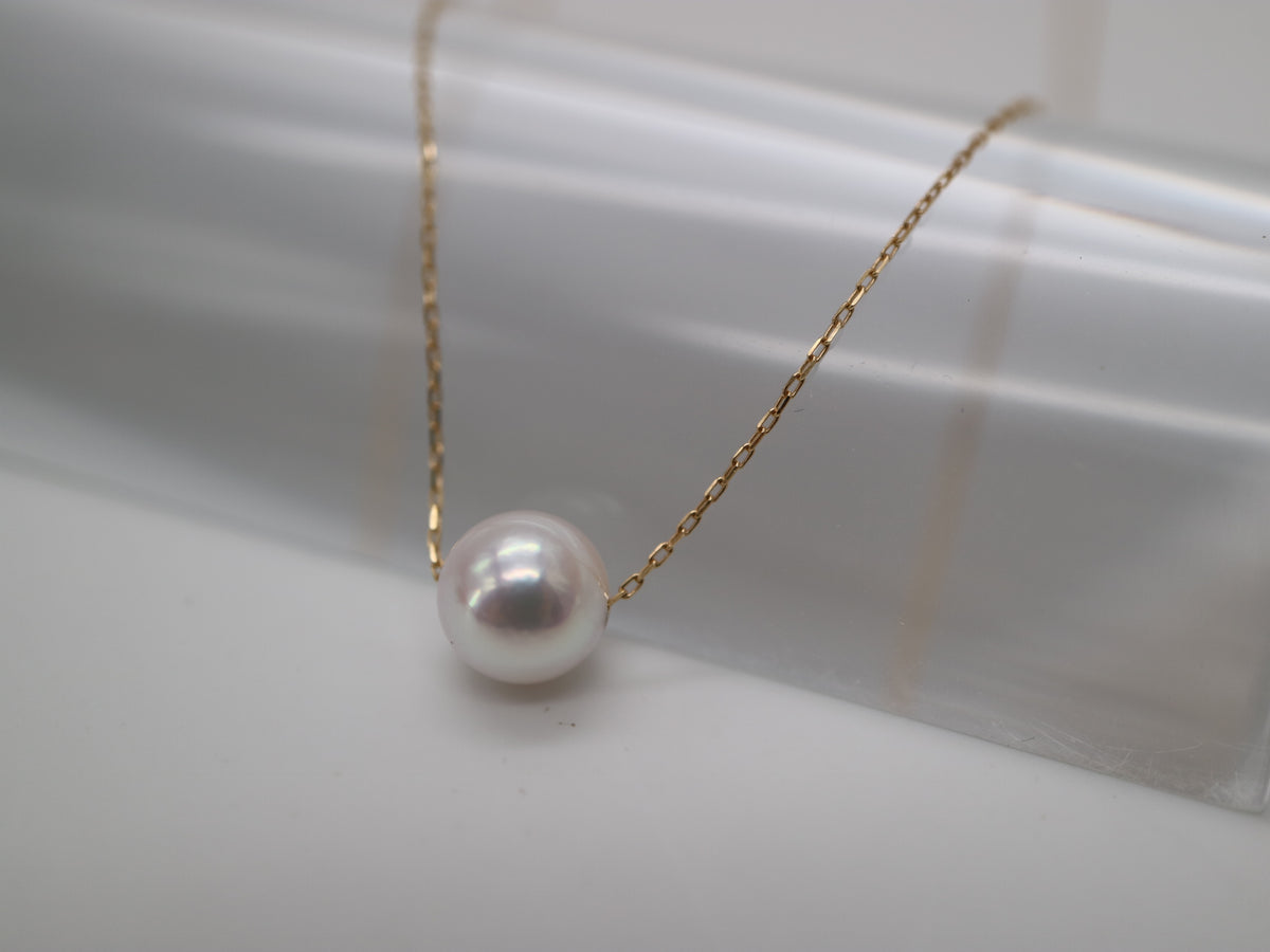 10K Gold Japanese Akoya Floating Pearl Pendant Necklace, 8.5–9.0mm