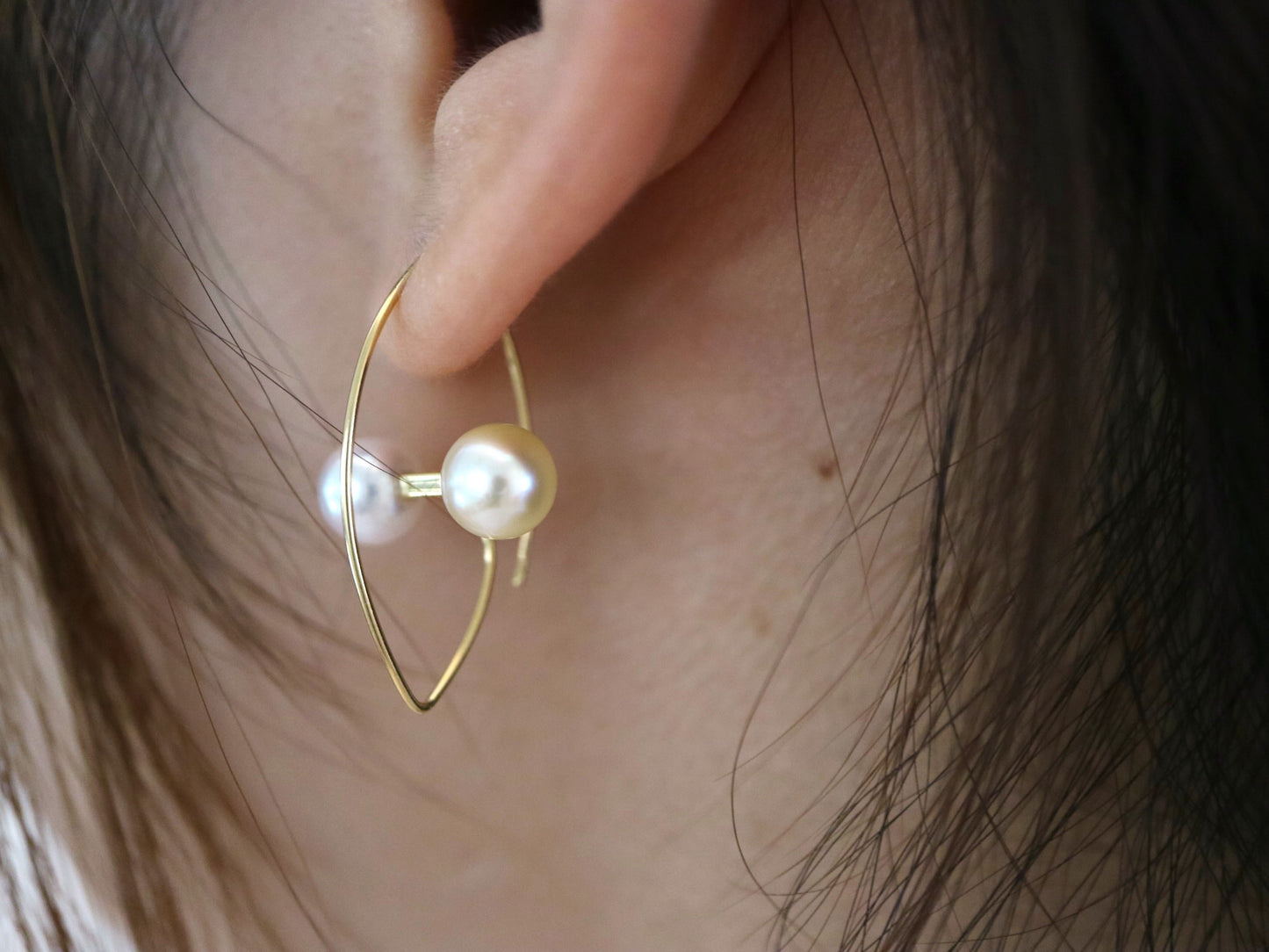 6.5mm Double Color Akoya Pearl Marquise Shaped Hoop Earrings 18K Yellow Gold