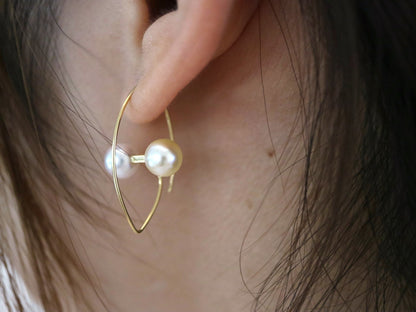 6.5mm Double Color Akoya Pearl Marquise Shaped Hoop Earrings 18K Yellow Gold - KOKOPEARLJEWELRY - 2