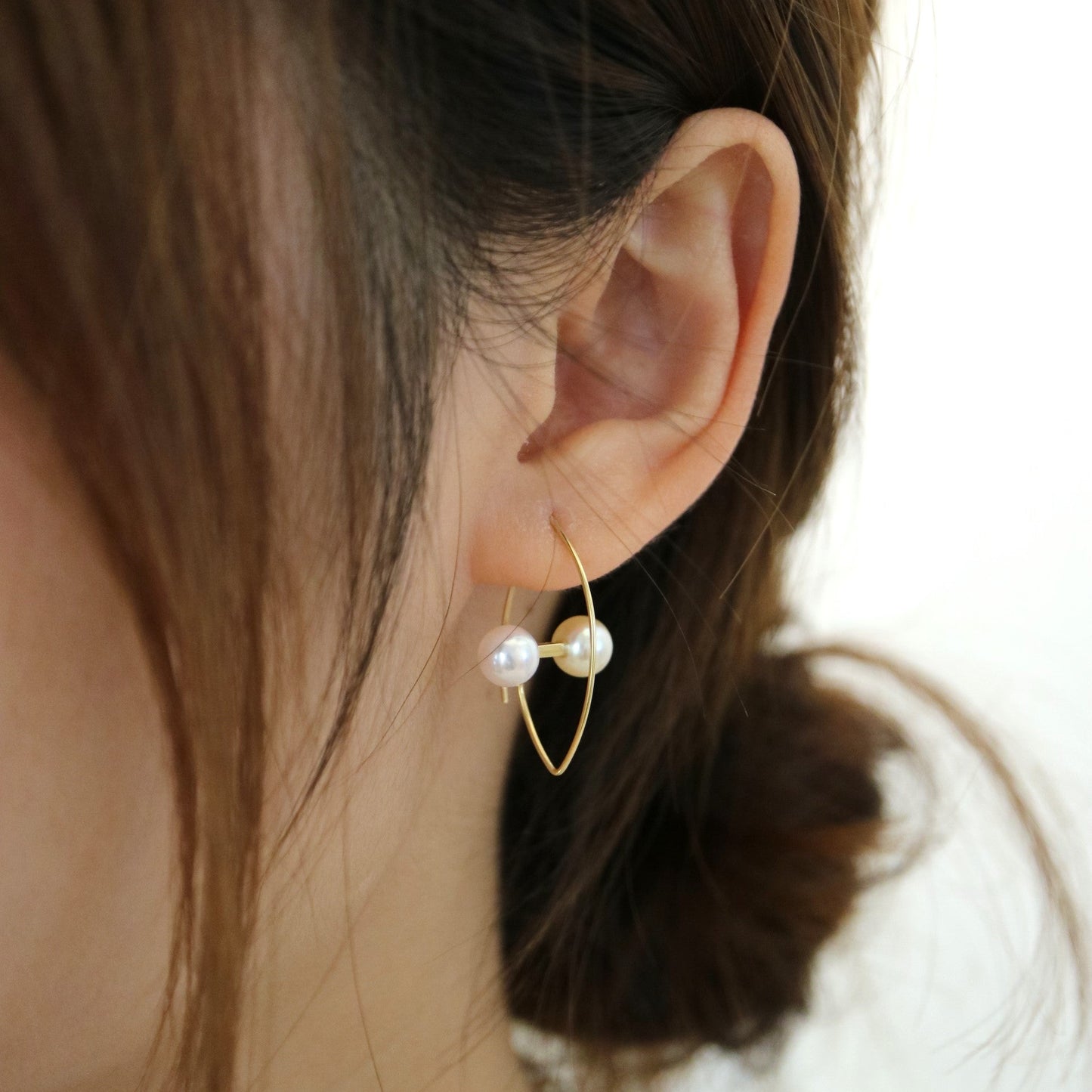 6.5mm Double Color Akoya Pearl Marquise Shaped Hoop Earrings 18K Yellow Gold