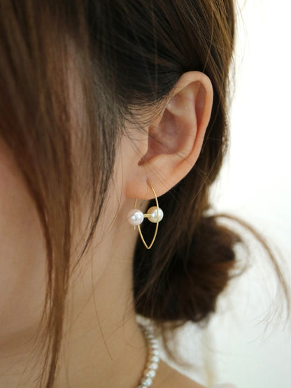 6.5mm Double Color Akoya Pearl Marquise Shaped Hoop Earrings 18K Yellow Gold - KOKOPEARLJEWELRY - 1