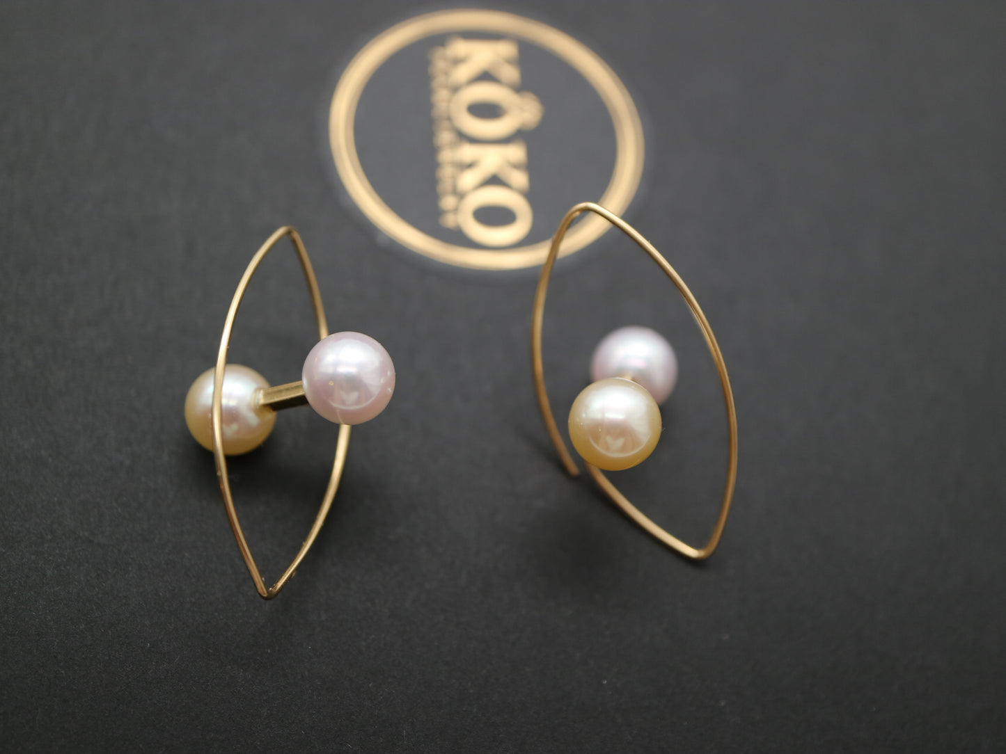 6.5mm Double Color Akoya Pearl Marquise Shaped Hoop Earrings 18K Yellow Gold