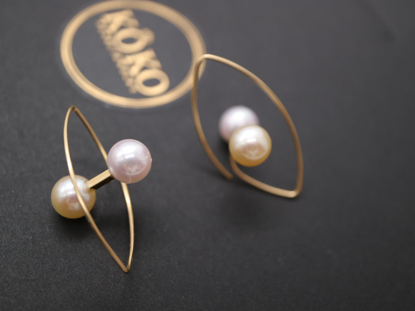 6.5mm Double Color Akoya Pearl Marquise Shaped Hoop Earrings 18K Yellow Gold
