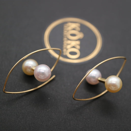 6.5mm Double Color Akoya Pearl Marquise Shaped Hoop Earrings 18K Yellow Gold