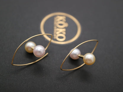 6.5mm Double Color Akoya Pearl Marquise Shaped Hoop Earrings 18K Yellow Gold - KOKOPEARLJEWELRY - 5