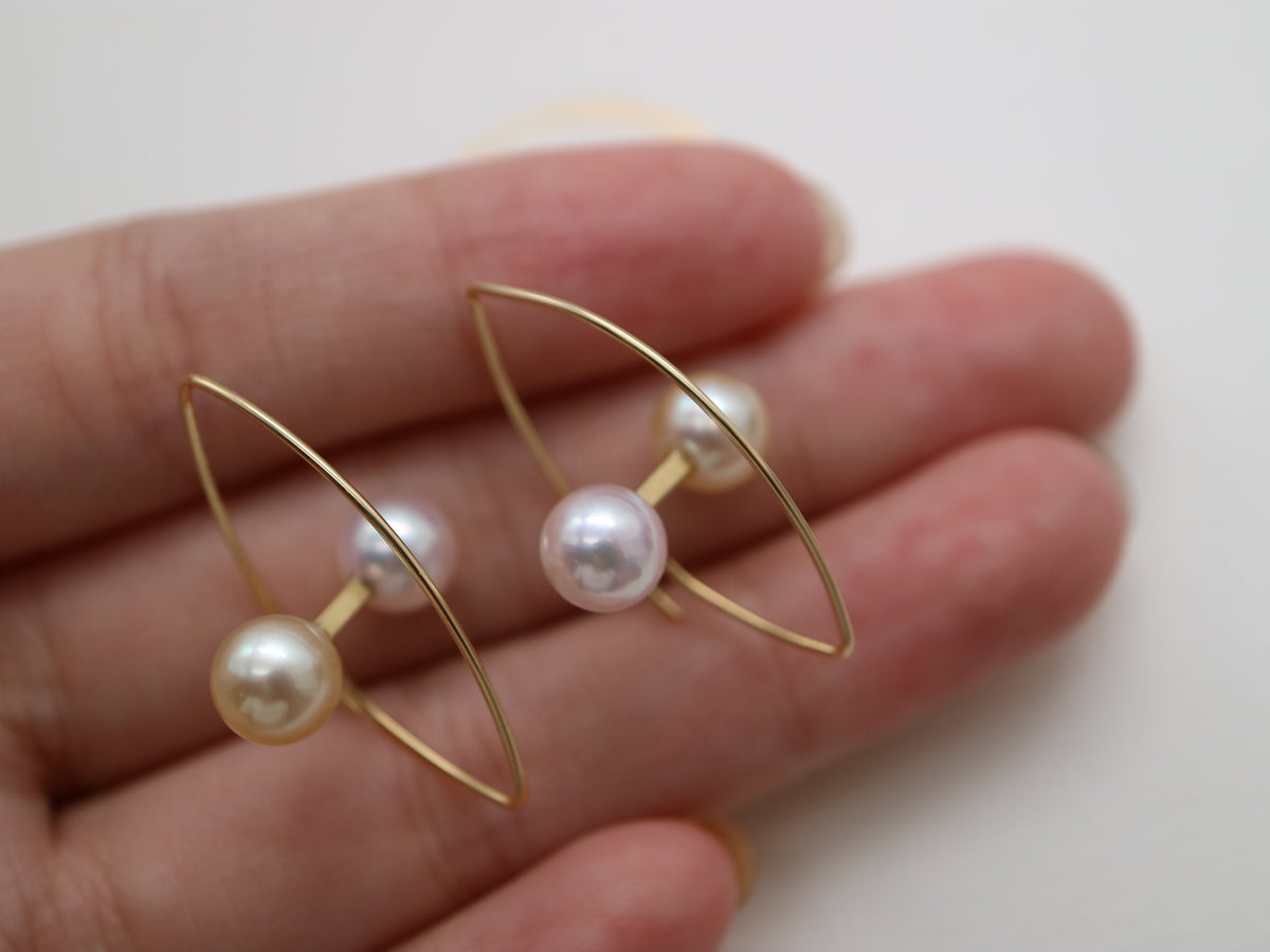 6.5mm Double Color Akoya Pearl Marquise Shaped Hoop Earrings 18K Yellow Gold