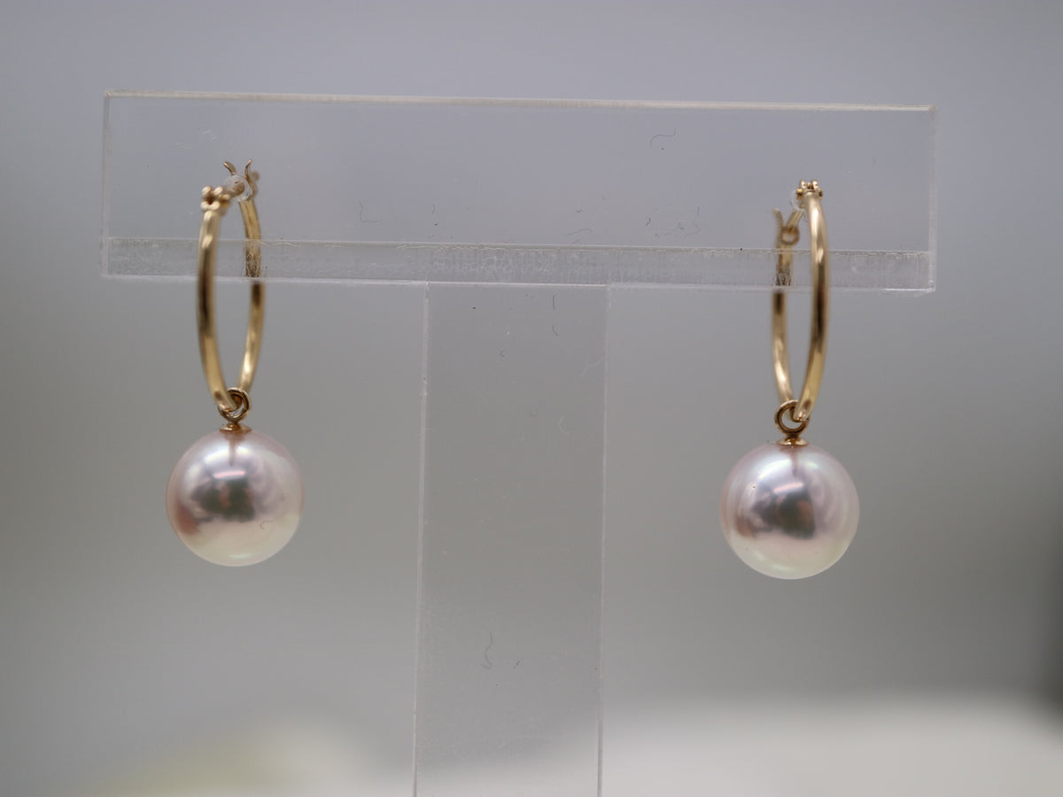 8mm Akoya Pearl Hoop Dangle Earrings 18K Yellow Gold - KOKOPEARLJEWELRY - 4