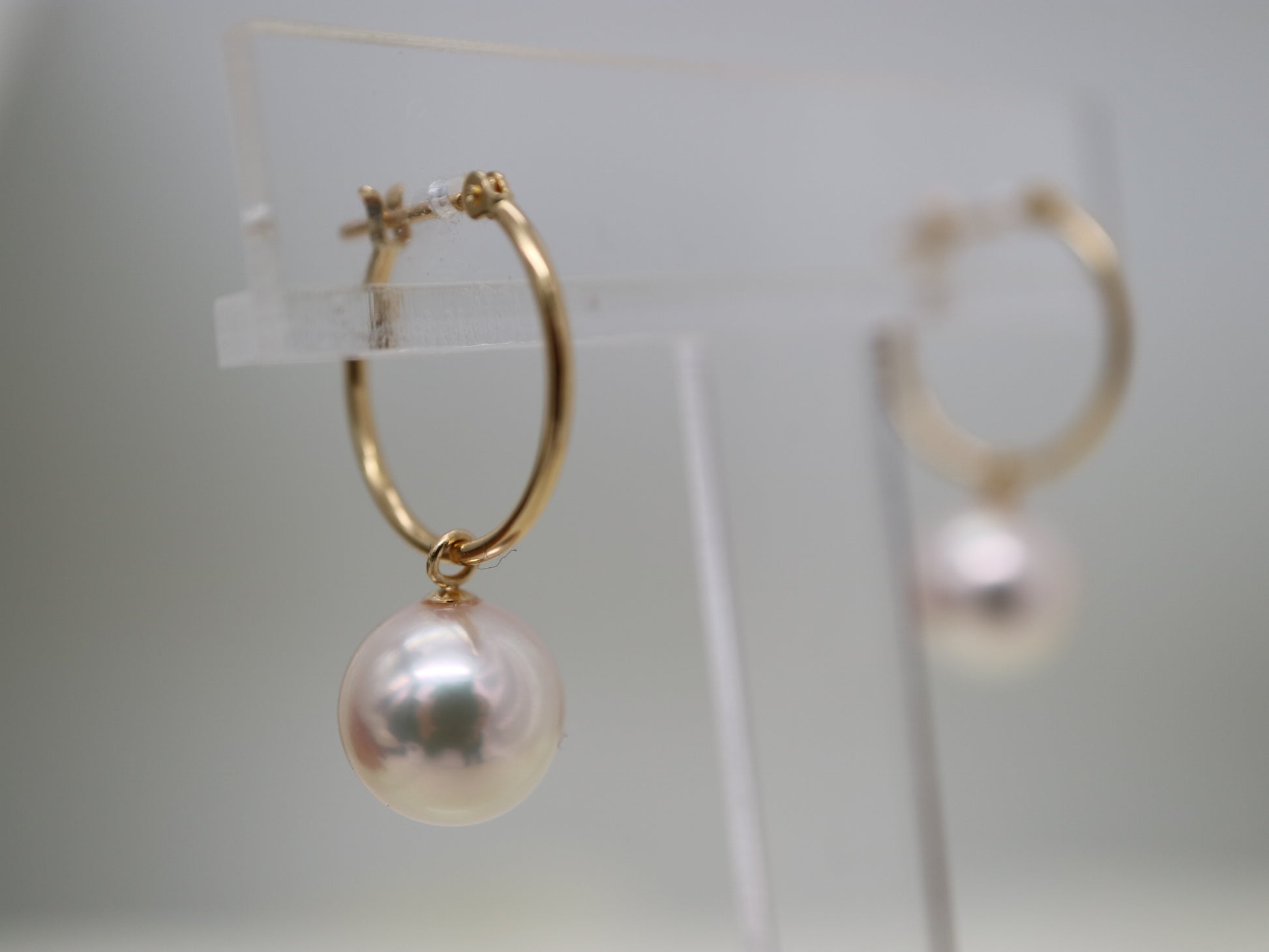 8mm Akoya Pearl Hoop Dangle Earrings 18K Yellow Gold - KOKOPEARLJEWELRY - 5