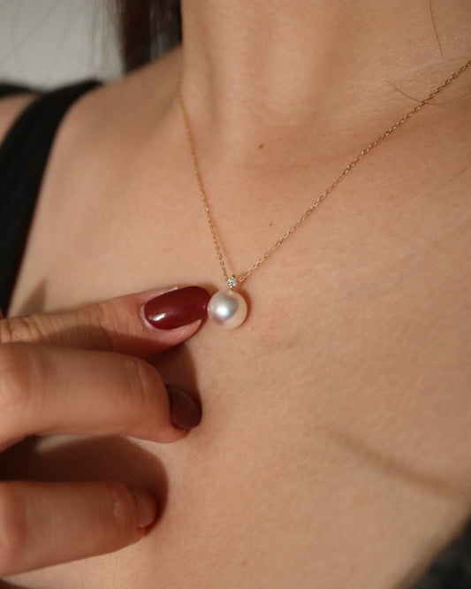 Mirror Like Lustre 8mm Akoya Pearl Diamond Pendant Necklace 18K Yellow Gold - KOKOPEARLJEWELRY - 3