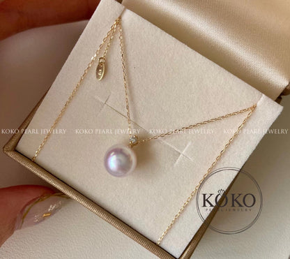 Mirror Like Lustre 8mm Akoya Pearl Diamond Pendant Necklace 18K Yellow Gold - KOKOPEARLJEWELRY - 6