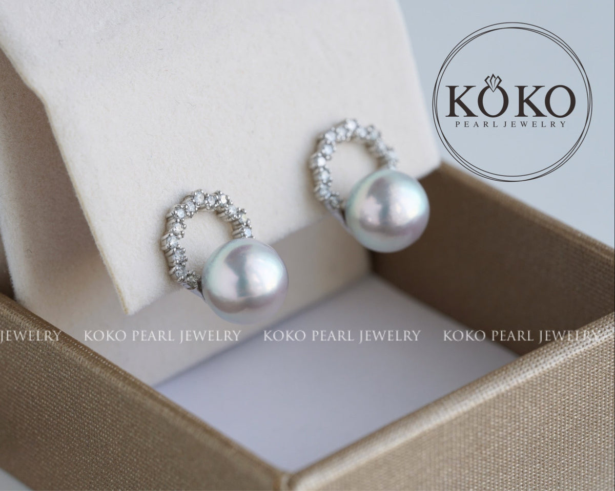 7.0mm Silver Blue Akoya Pearl Diamond Halo Stud Earrings Pt900 Platinum