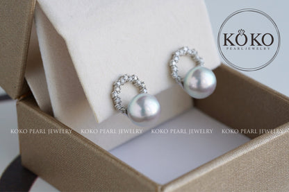 7mm Silver Blue Akoya Pearl Diamond Halo Stud Earrings Pt900 Platinum - KOKOPEARLJEWELRY - 5