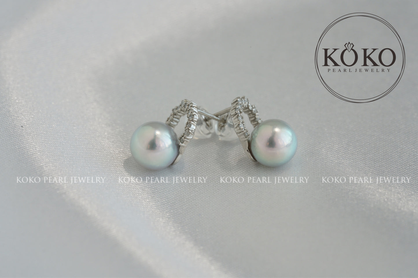 7.0mm Silver Blue Akoya Pearl Diamond Halo Stud Earrings Pt900 Platinum