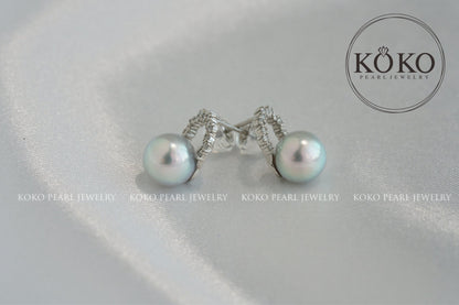 7mm Silver Blue Akoya Pearl Diamond Halo Stud Earrings Pt900 Platinum - KOKOPEARLJEWELRY - 4