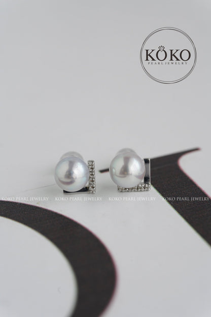 7mm Natural Silver Gray Akoya Pearl V Shaped Diamond Stud Earrings 18K White Gold - KOKOPEARLJEWELRY - 4