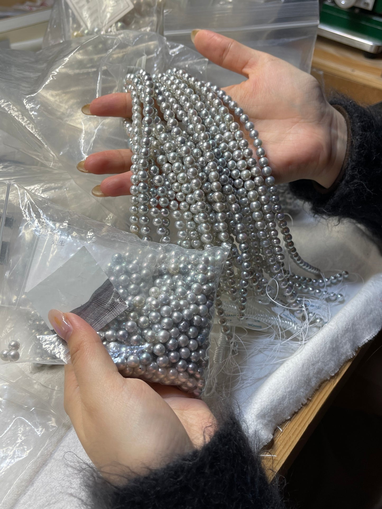 4+7mm ナチュラル シルバー ブルー バロック アコヤ パール ダブルレイヤー ストランド ネックレス