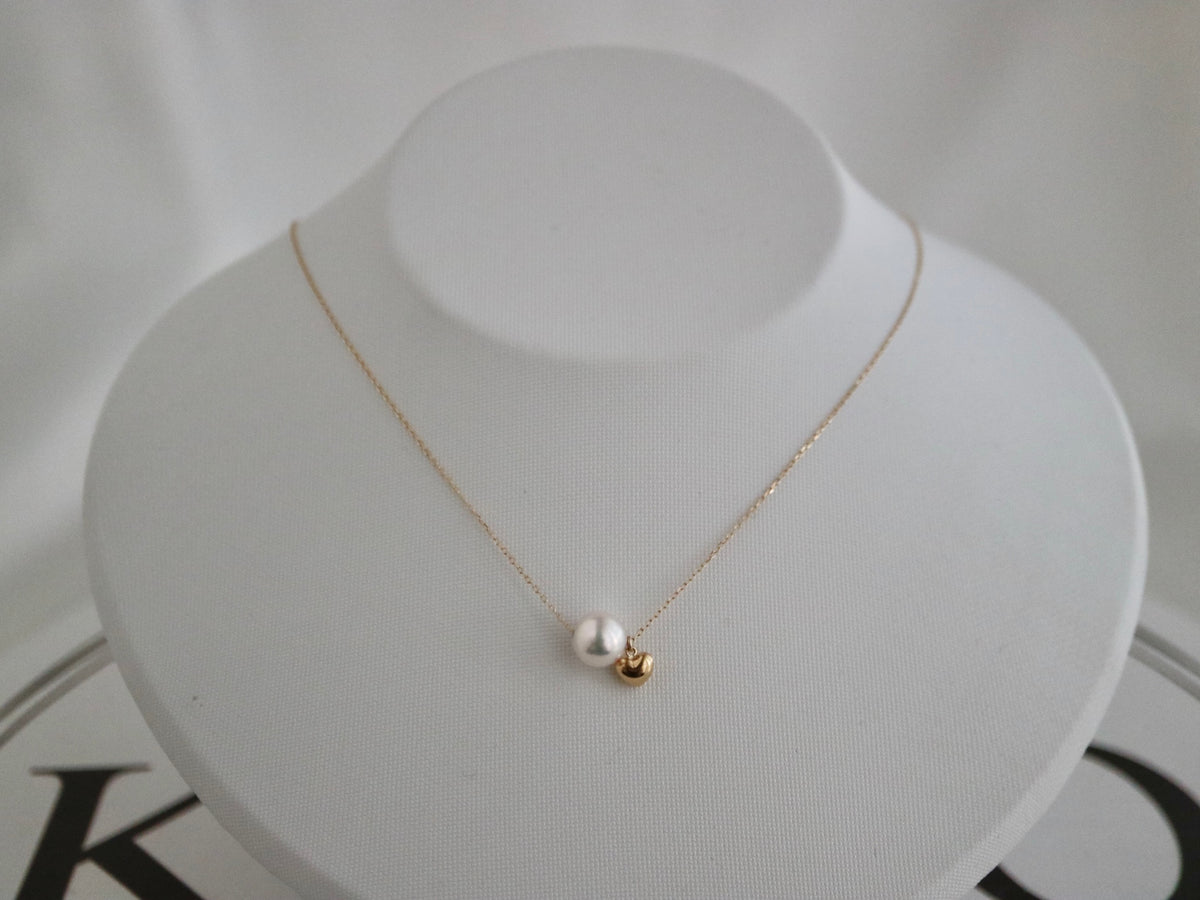 7.5mm Akoya Pearl Little Heart Floating Pendant Necklace 10K Gold