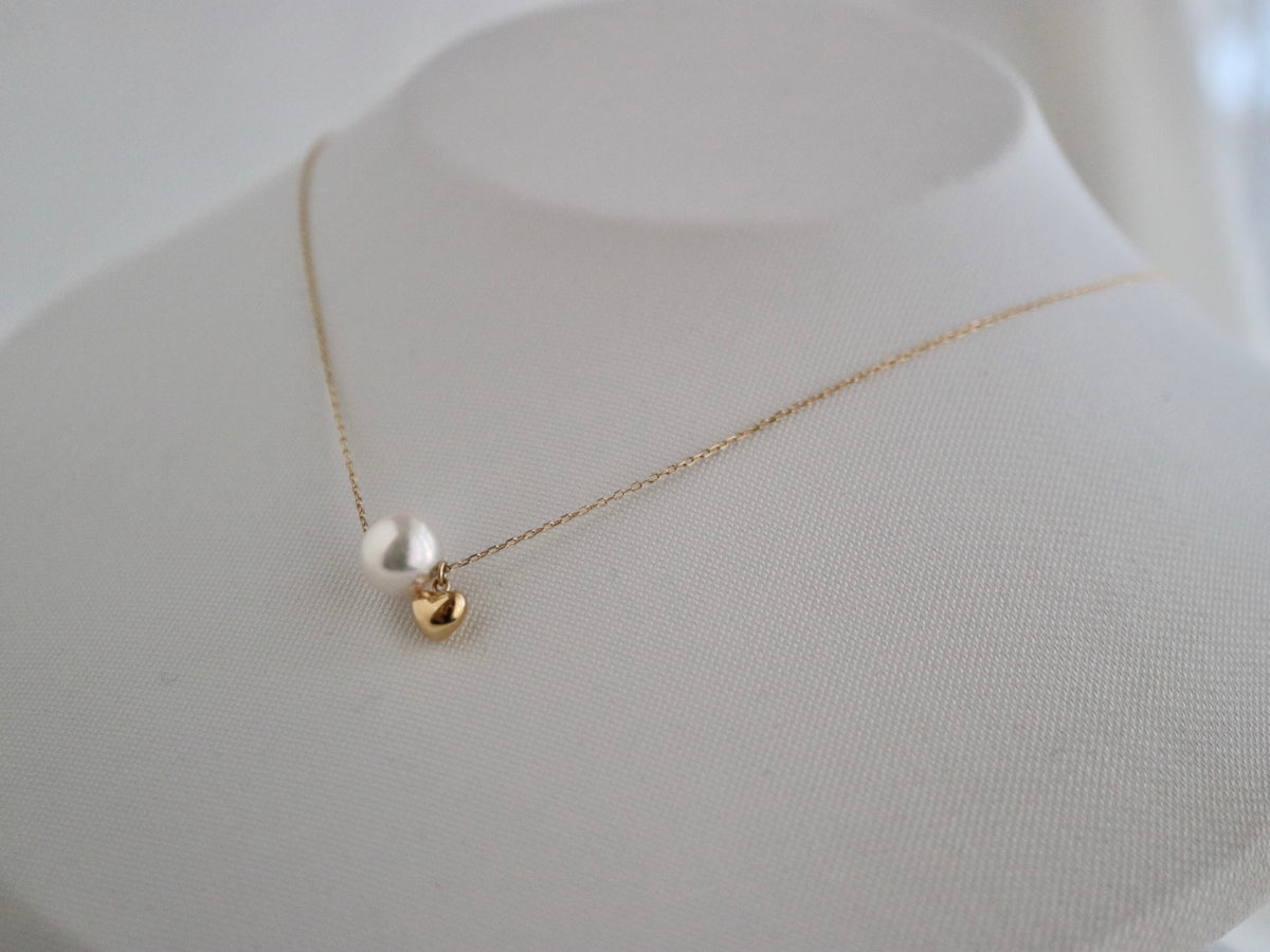 7.5mm Akoya Pearl Little Heart Floating Pendant Necklace 10K Gold