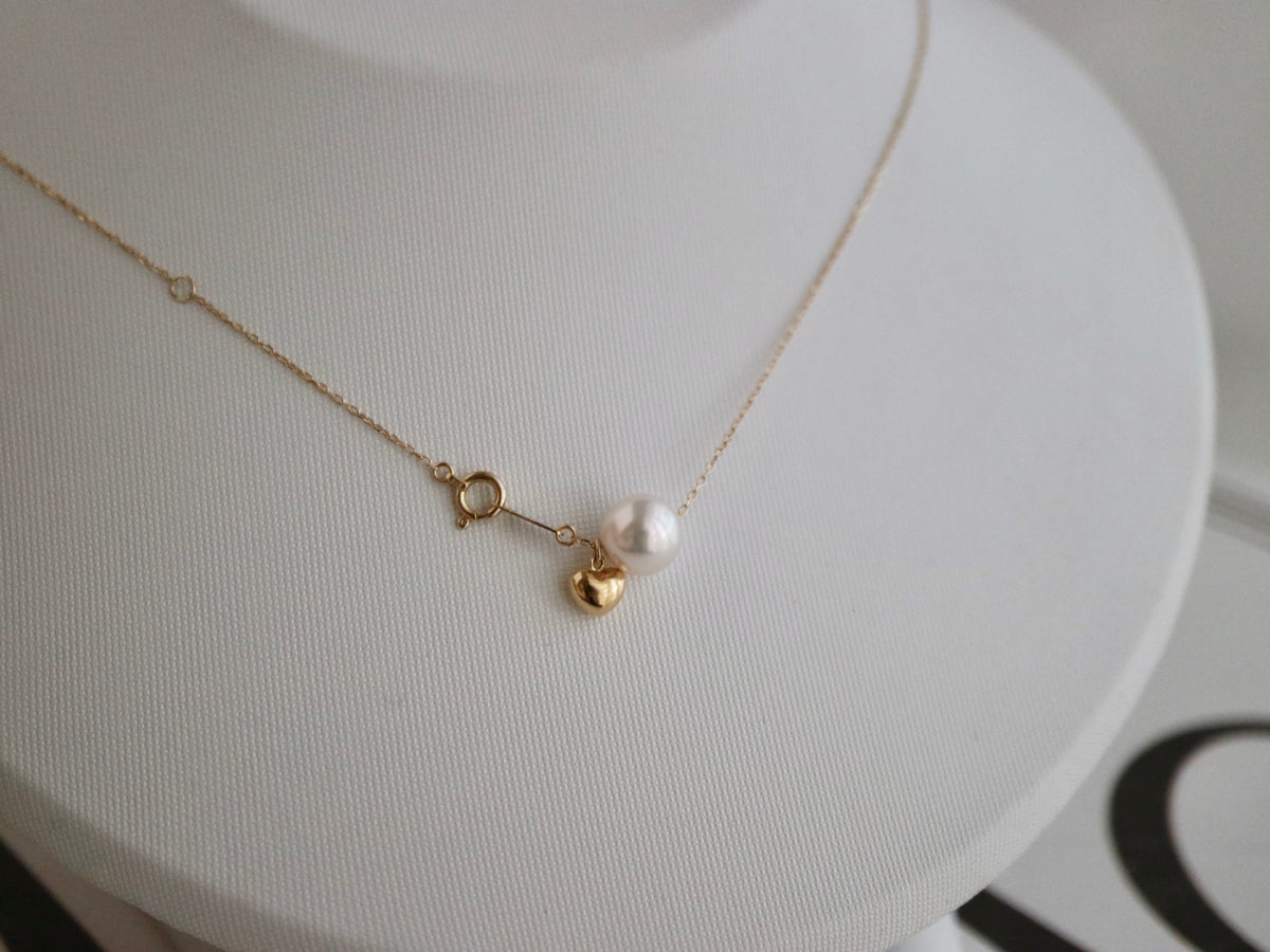 7.5mm Akoya Pearl Little Heart Floating Pendant Necklace 10K Gold