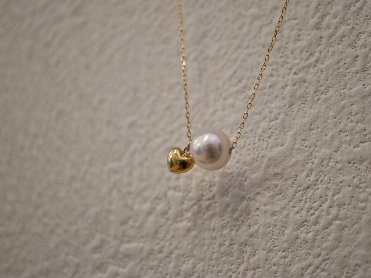 7.5mm Akoya Pearl Little Heart Floating Pendant Necklace 10K Gold