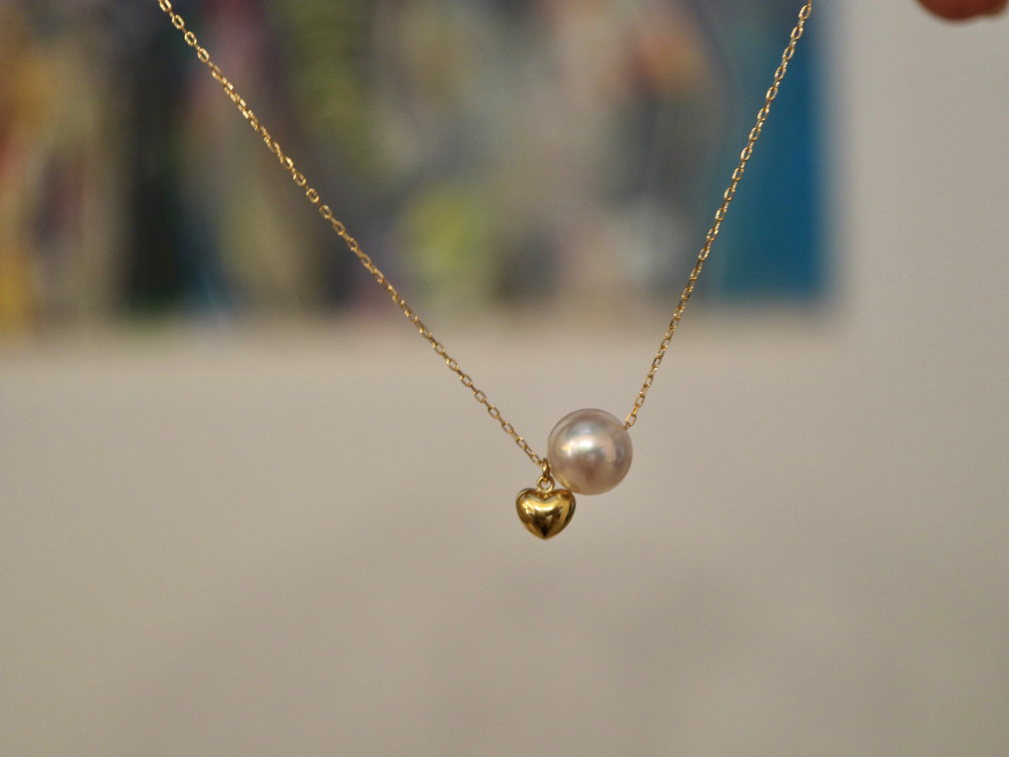 7.5mm Akoya Pearl Little Heart Floating Pendant Necklace 10K Gold