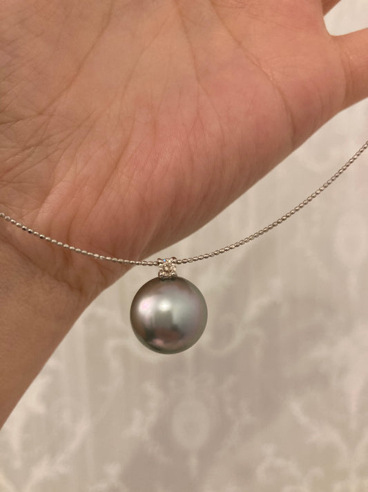 12mm グレー タヒチアン パール ダイヤモンド ペンダント ワイヤー ネックレス 18K ホワイト ゴールド