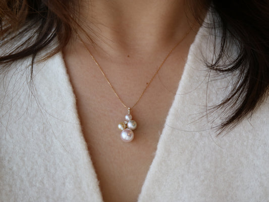 ミックスカラー / ピンクホワイト 4-7.5mm アコヤ真珠 ダイヤモンド ペンダントネックレス 18K イエローゴールド